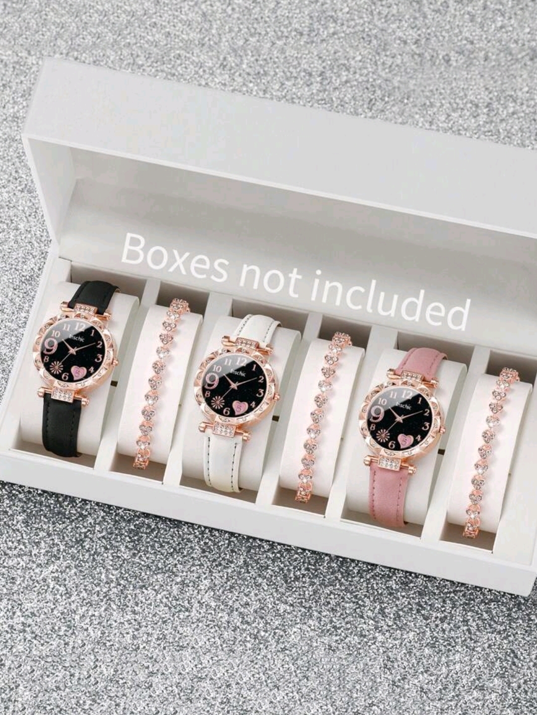 RELOJES SET 3 CON CORREA NEGRO, BLANCO Y ROSADO CADA UNO CON PULSERA CORAZON DIAMANTE R15